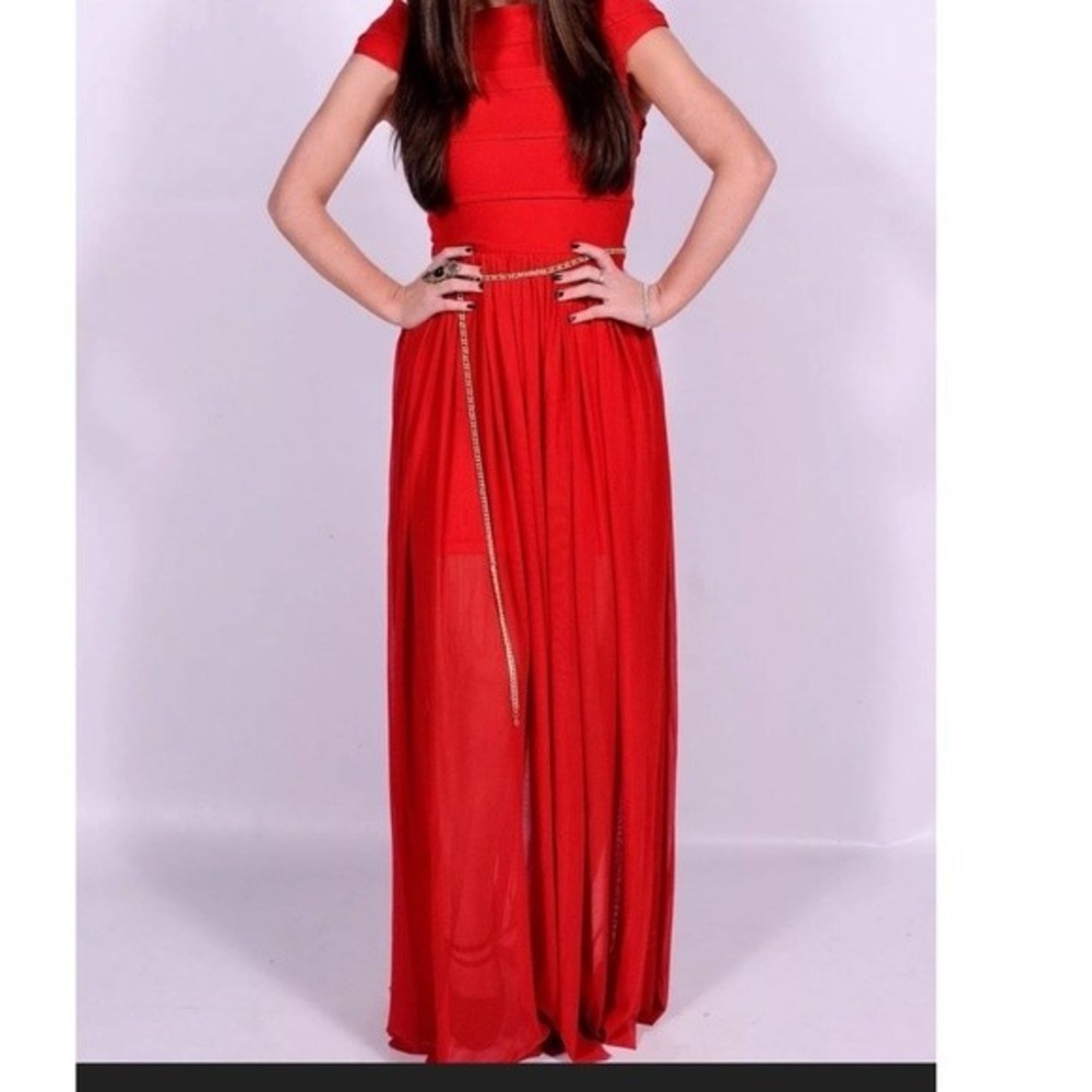 Rare London Modest Bardot Maxi Dress - Red